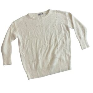Misslook Womens 2XL Sweater Cream Fuzzy Knit Crewneck Pearl‎ Accents Soft Mohair